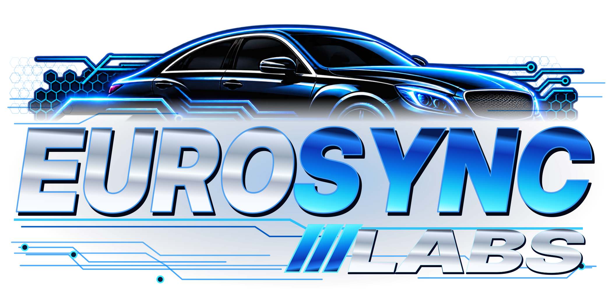 EuroSync Labs logo in metallic silver and electric blue with a European sedan and electronic circuit graphics